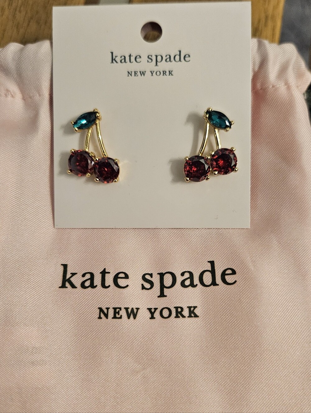 Kate Spade Ma Cherie Cherry Stud Earrings Red Green Gold NWT